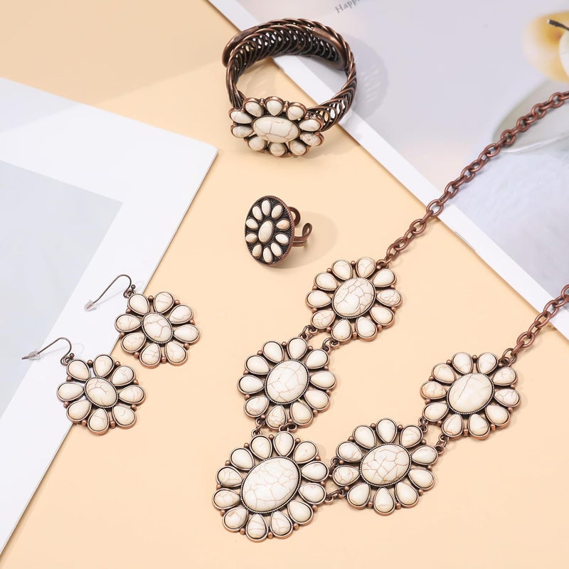 JMScape 4 PCS Western Turquoise Jewelry for Women Boho Vintage Navajo Pearl Necklace Earring Bracelet Ring Set Country Cowgirl Accessories for Gift - Image 3